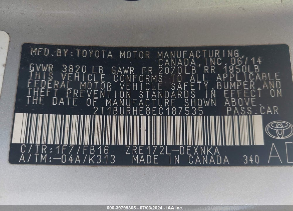 2014 TOYOTA COROLLA LE VIN: 2T1BURHE8EC187535