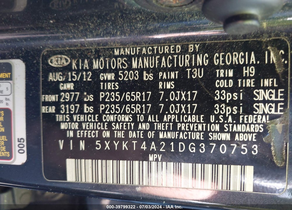 2013 KIA SORENTO LX V6 VIN: 5XYKT4A21DG370753