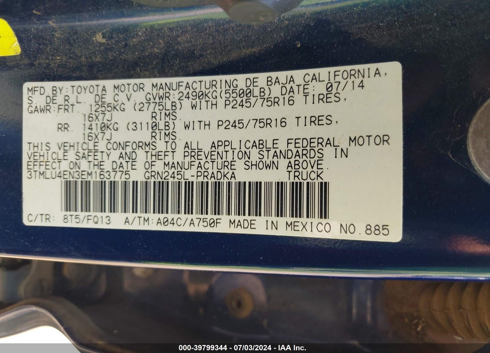 2014 TOYOTA TACOMA BASE V6 VIN: 3TMLU4EN3EM163775
