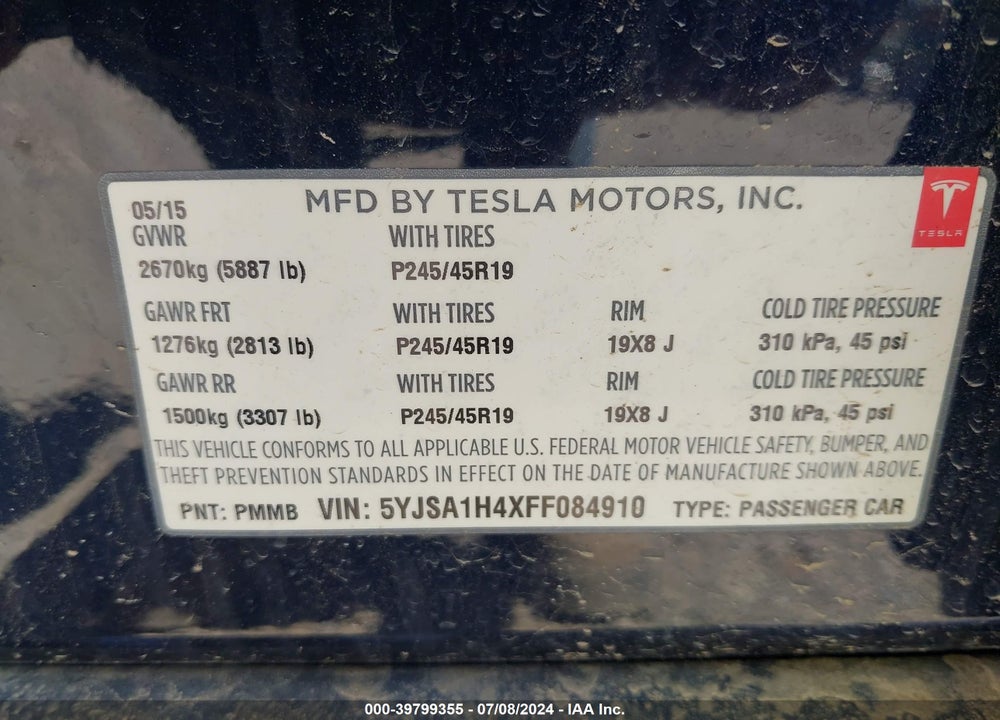 2015 TESLA MODEL S 85D/P85D VIN: 5YJSA1H4XFF084910