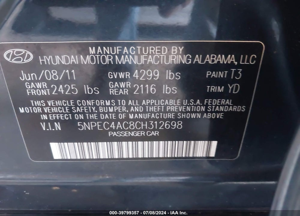 2012 HYUNDAI SONATA LIMITED VIN: 5NPEC4AC8CH312698