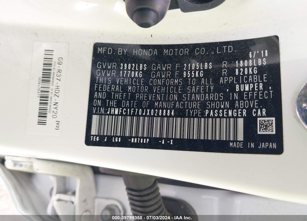 2018 HONDA CIVIC EX-L VIN: JHMFC1F70JX028884