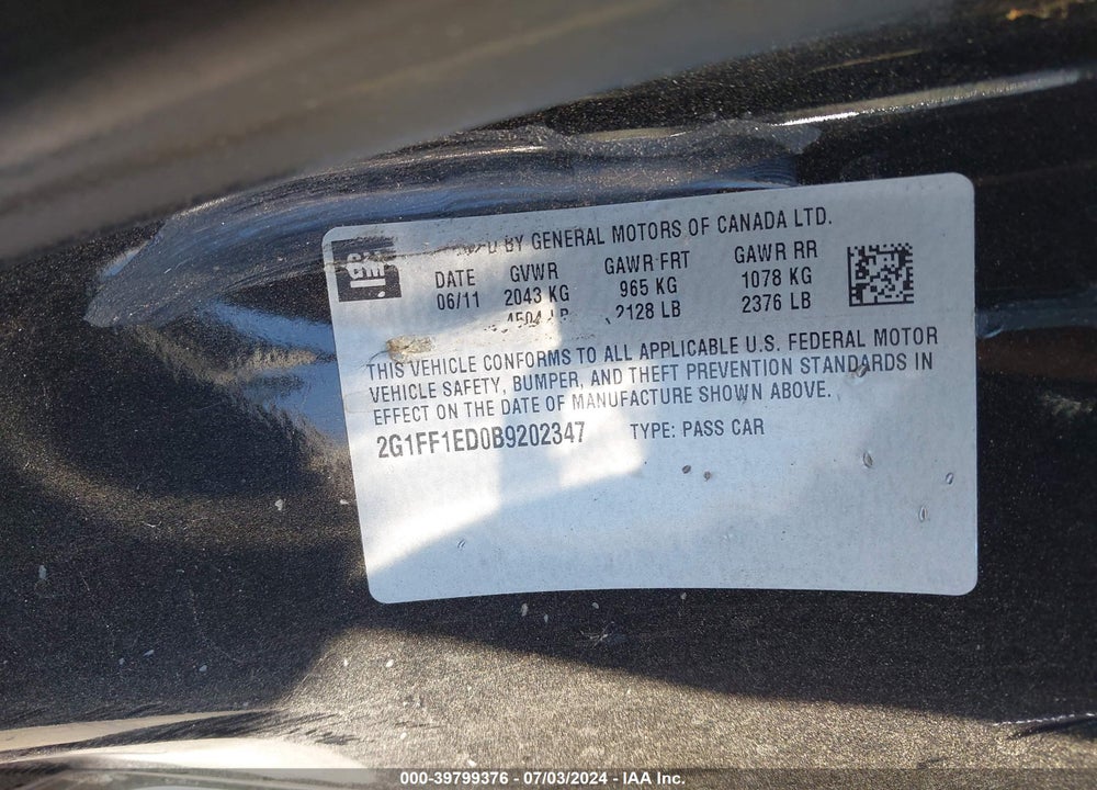 2011 CHEVROLET CAMARO 1LT VIN: 2G1FF1ED0B9202347