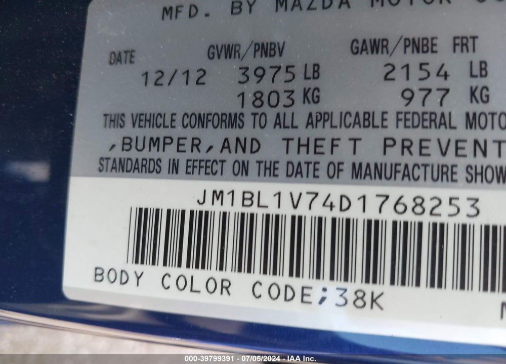 2013 MAZDA 3 I TOURING VIN: JM1BL1V74D1768253
