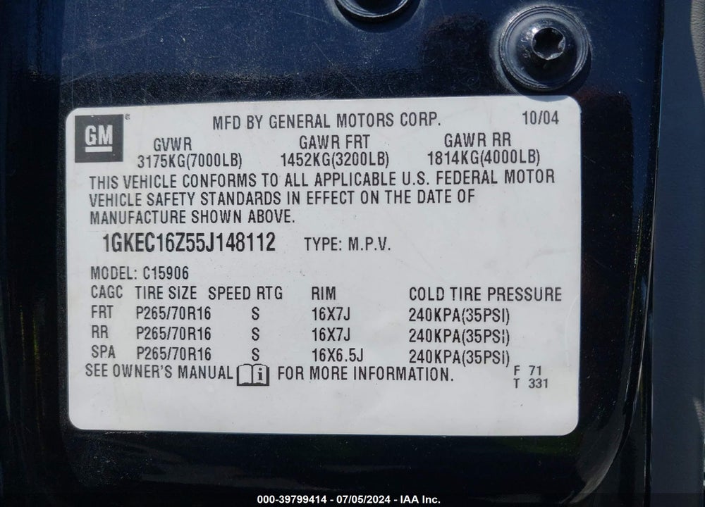2005 GMC YUKON XL 1500 SLE VIN: 1GKEC16Z55J148112