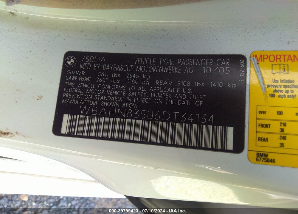 2006 BMW 750LI VIN: WBAHN83506DT34134