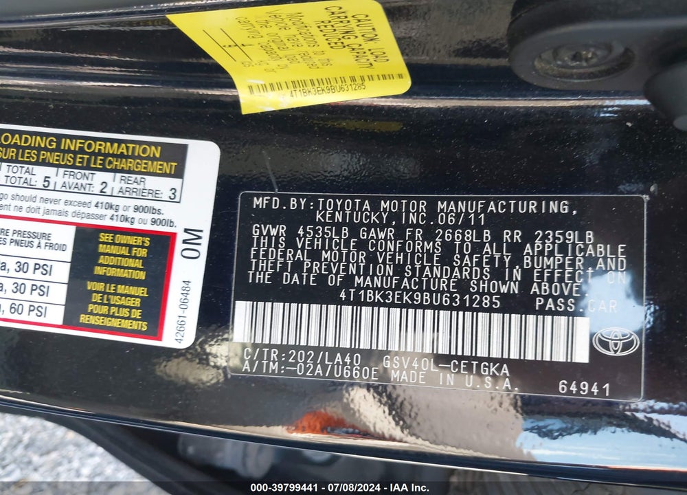 2011 TOYOTA CAMRY XLE V6 VIN: 4T1BK3EK9BU631285