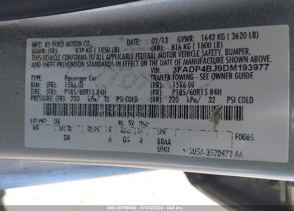 2013 FORD FIESTA VIN: 3FADP4BJ9DM193977