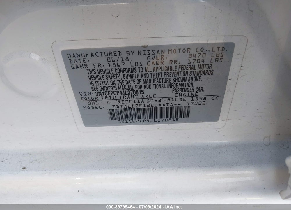 2018 NISSAN VERSA NOTE SV VIN: 3N1CE2CP4JL370815