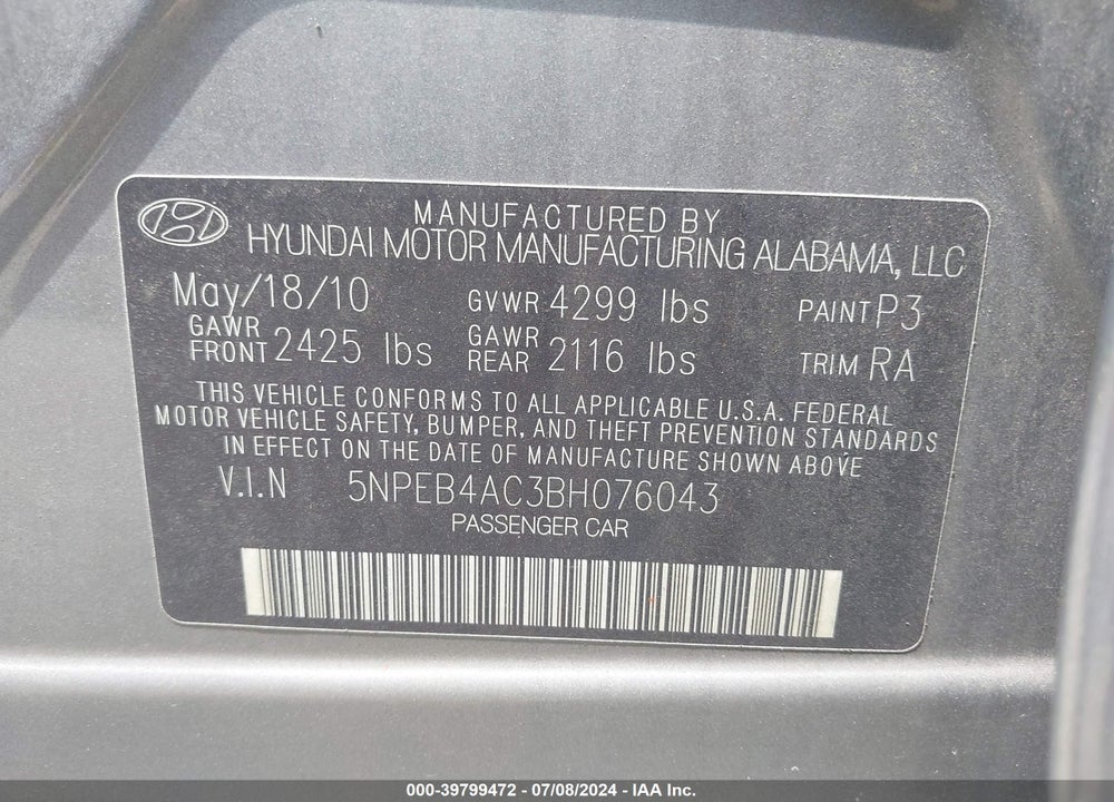 2011 HYUNDAI SONATA GLS VIN: 5NPEB4AC3BH076043