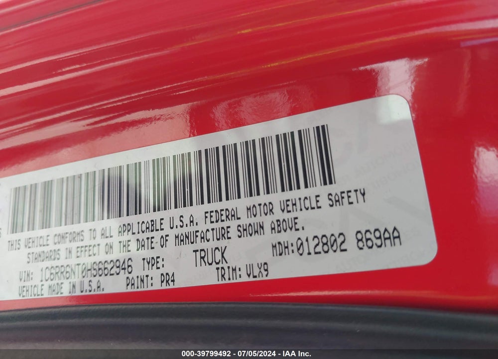 2017 RAM 1500 LAIE  4X2 5'7 BOX VIN: 1C6RR6NT0HS662946
