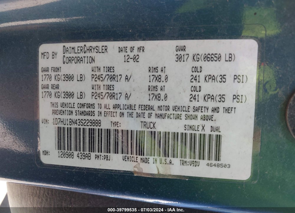 2003 DODGE RAM 1500 SLT/LARAMIE/ST VIN: 1D7HU18N43S229888
