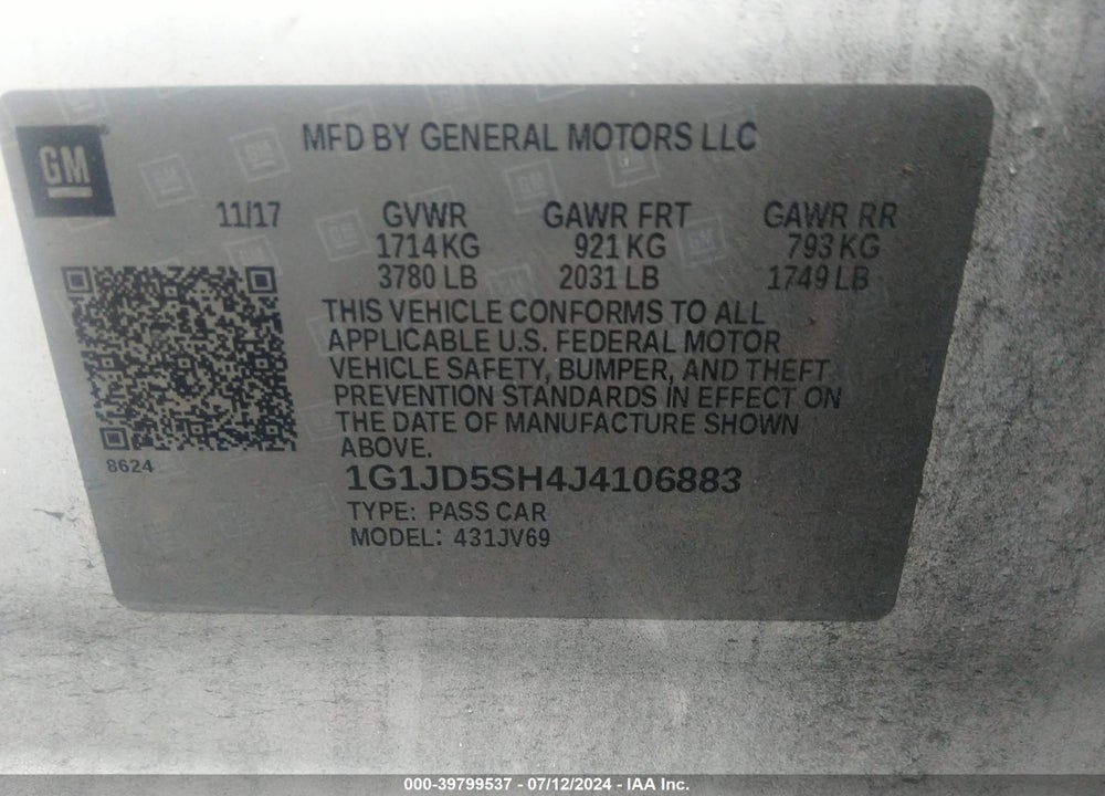 2018 CHEVROLET SONIC LT AUTO VIN: 1G1JD5SH4J4106883
