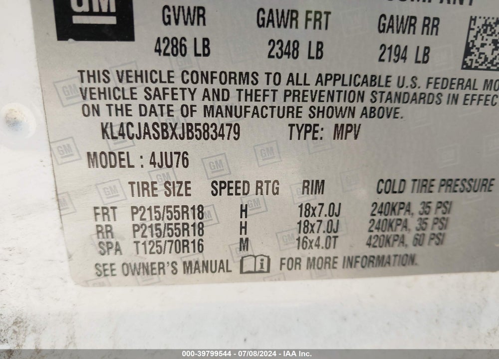 2018 BUICK ENCORE PREFERRED VIN: KL4CJASBXJB583479