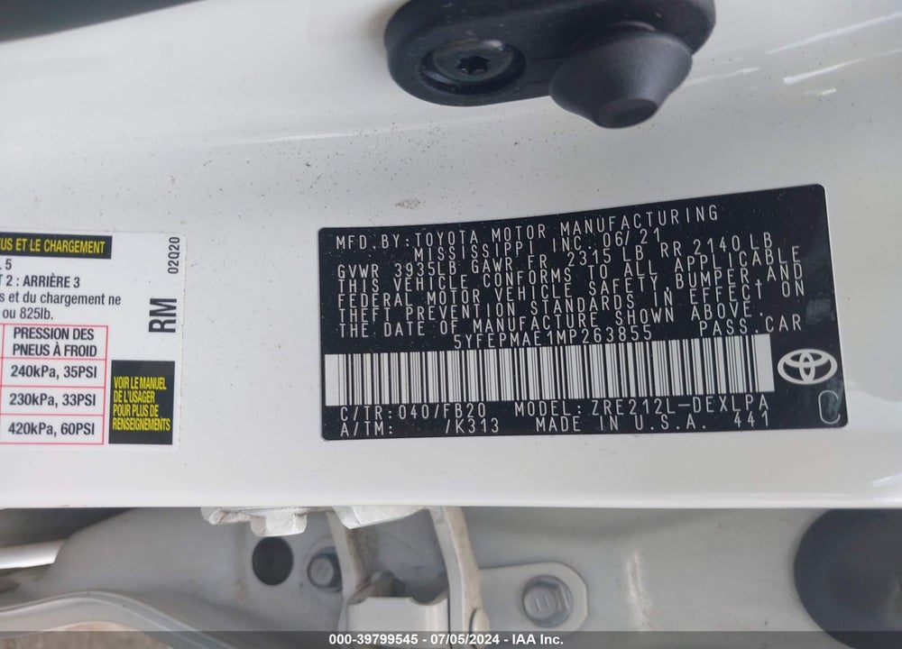 2021 TOYOTA COROLLA LE VIN: 5YFEPMAE1MP263855