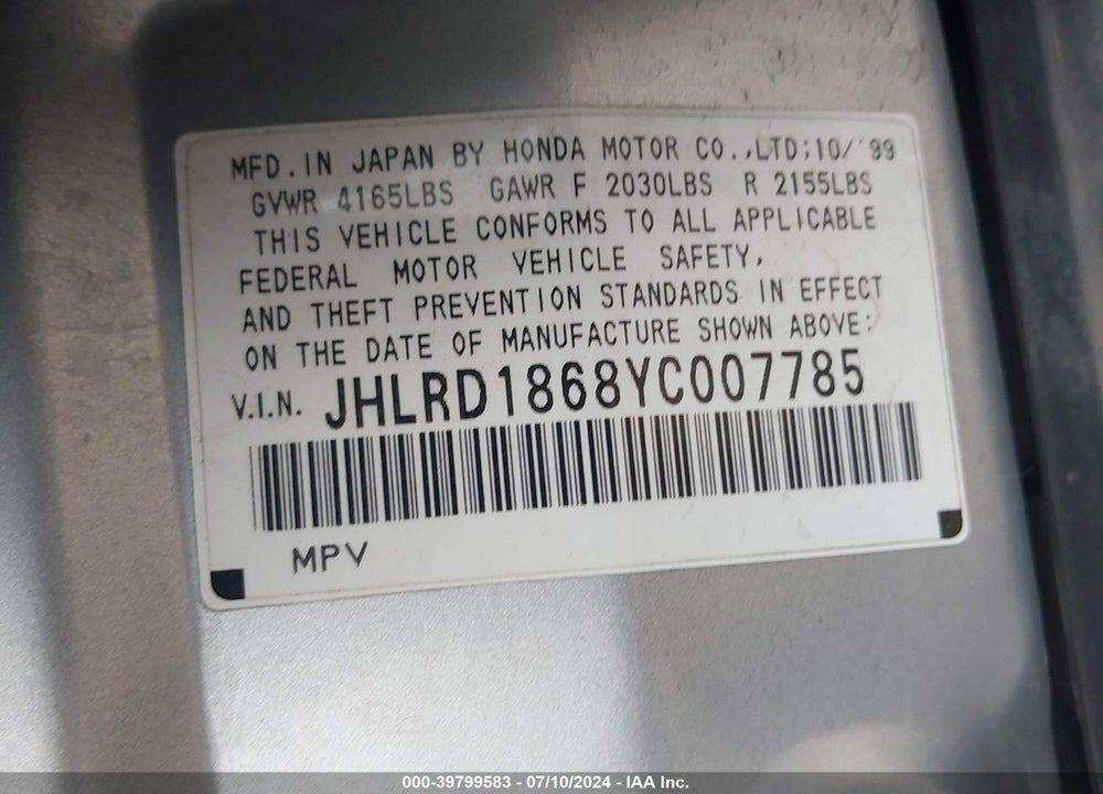 2000 HONDA CR-V EX VIN: JHLRD1868YC007785