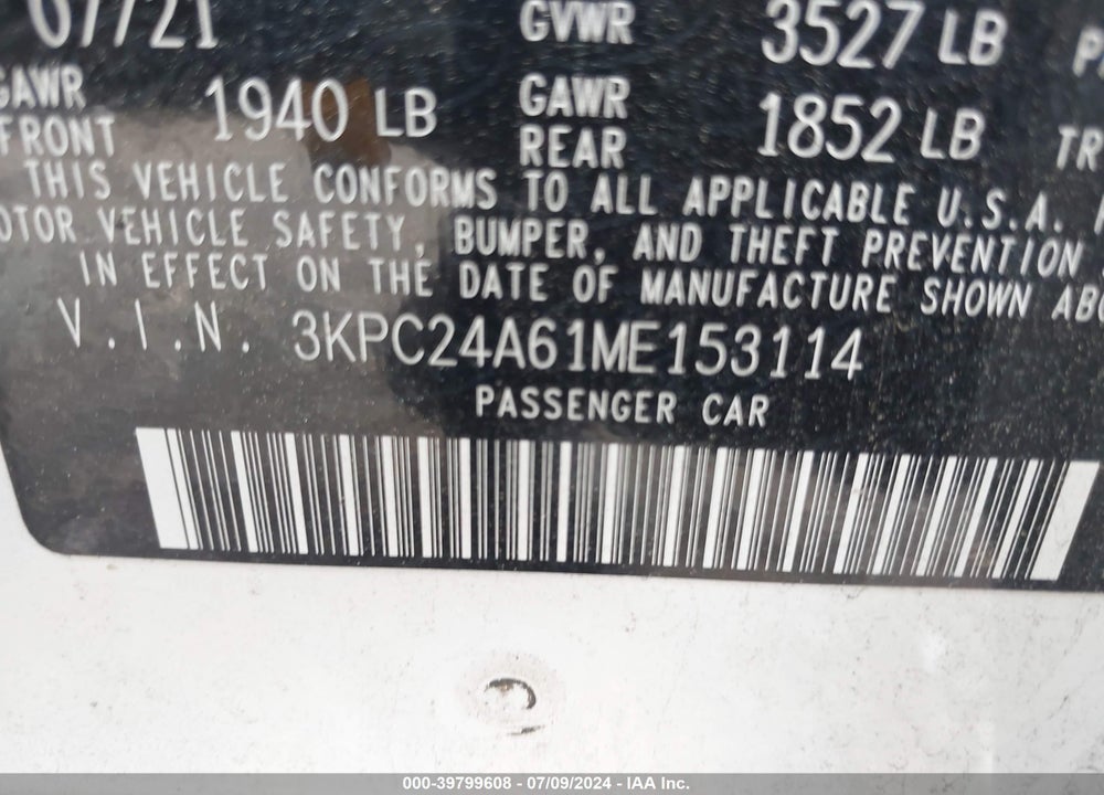 2021 HYUNDAI ACCENT SE VIN: 3KPC24A61ME153114
