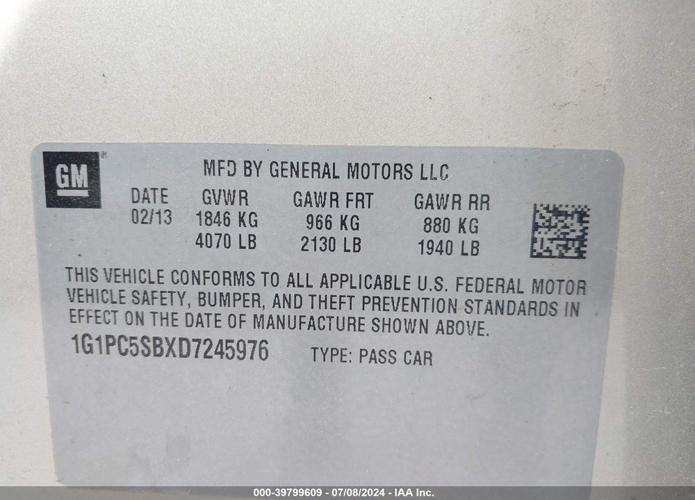 2013 CHEVROLET CRUZE 1LT AUTO VIN: 1G1PC5SBXD7245976
