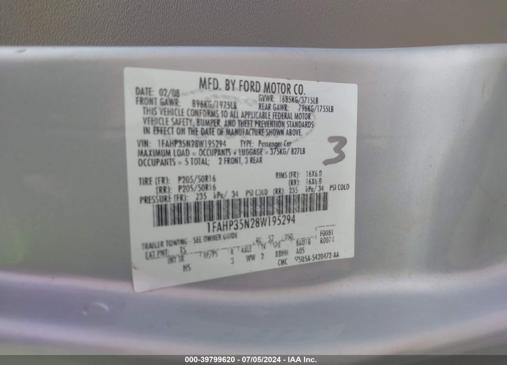 2008 FORD FOCUS SE/SES VIN: 1FAHP35N28W195294
