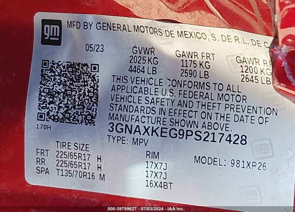 2023 CHEVROLET EQUINOX FWD LT VIN: 3GNAXKEG9PS217428