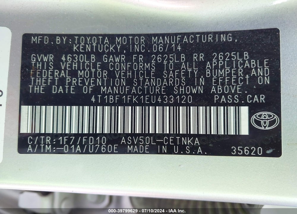 2014 TOYOTA CAMRY LE VIN: 4T1BF1FK1EU433120