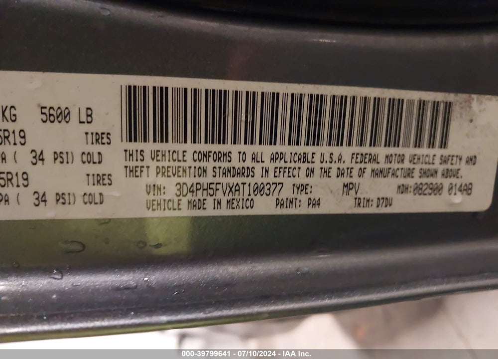 2010 DODGE JOURNEY SXT VIN: 3D4PH5FVXAT100377