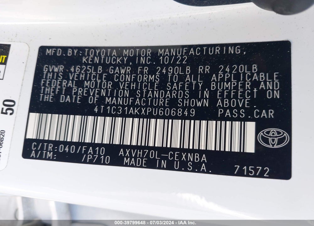 2023 TOYOTA CAMRY LE HYBRID VIN: 4T1C31AKXPU606849