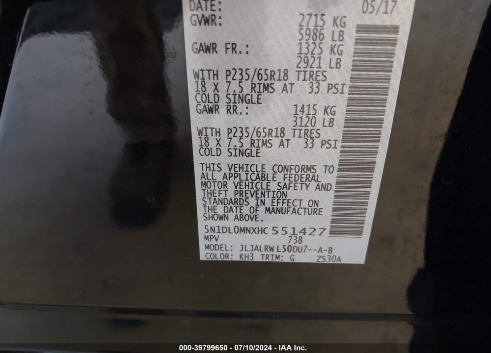 2017 INFINITI QX60 VIN: 5N1DL0MNXHC551427