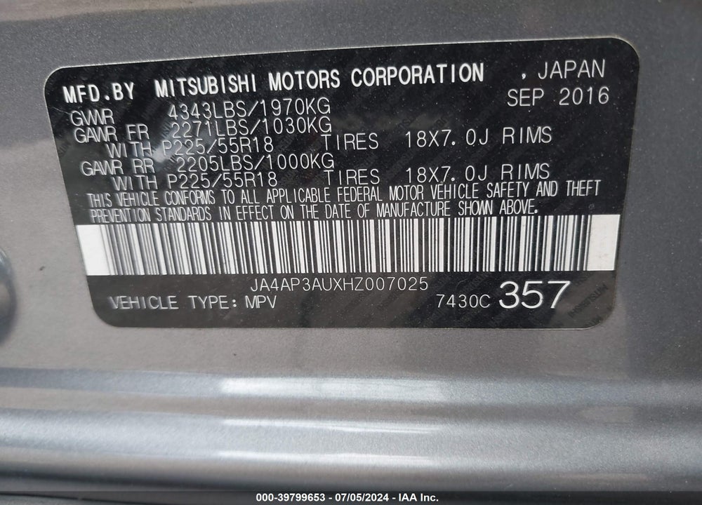 2017 MITSUBISHI OUTLANDER SPORT 2.0 ES/2.0 LE VIN: JA4AP3AUXHZ007025