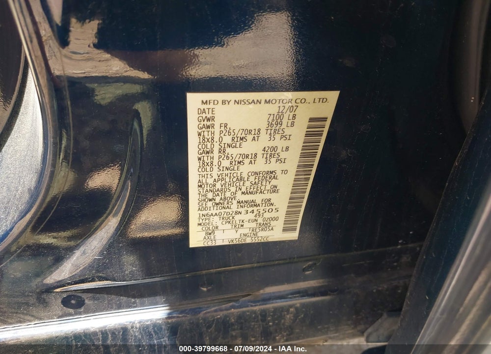 2008 NISSAN TITAN SE VIN: 1N6AA07D28N345505