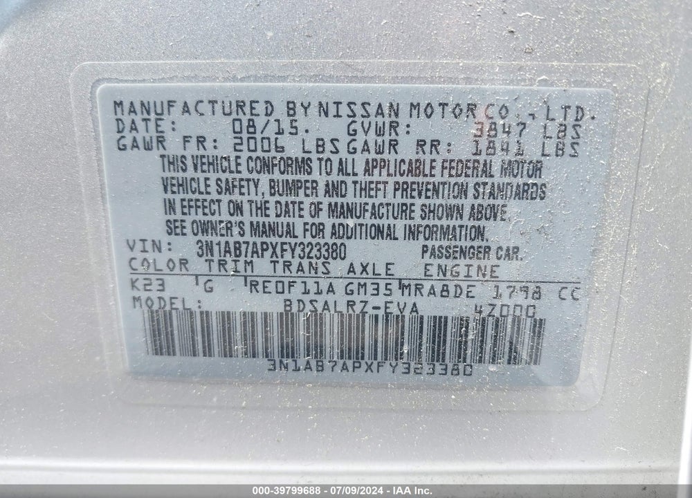 2015 NISSAN SENTRA SR VIN: 3N1AB7APXFY323380