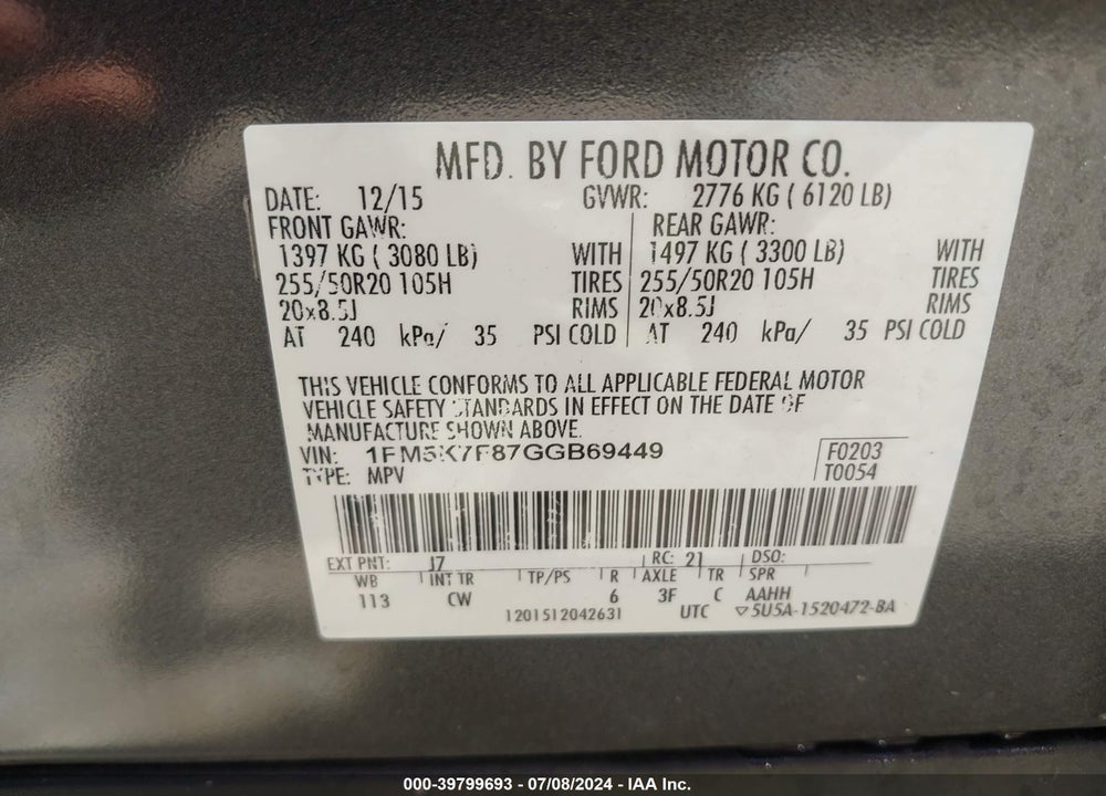 2016 FORD EXPLORER LIMITED VIN: 1FM5K7F87GGB69449