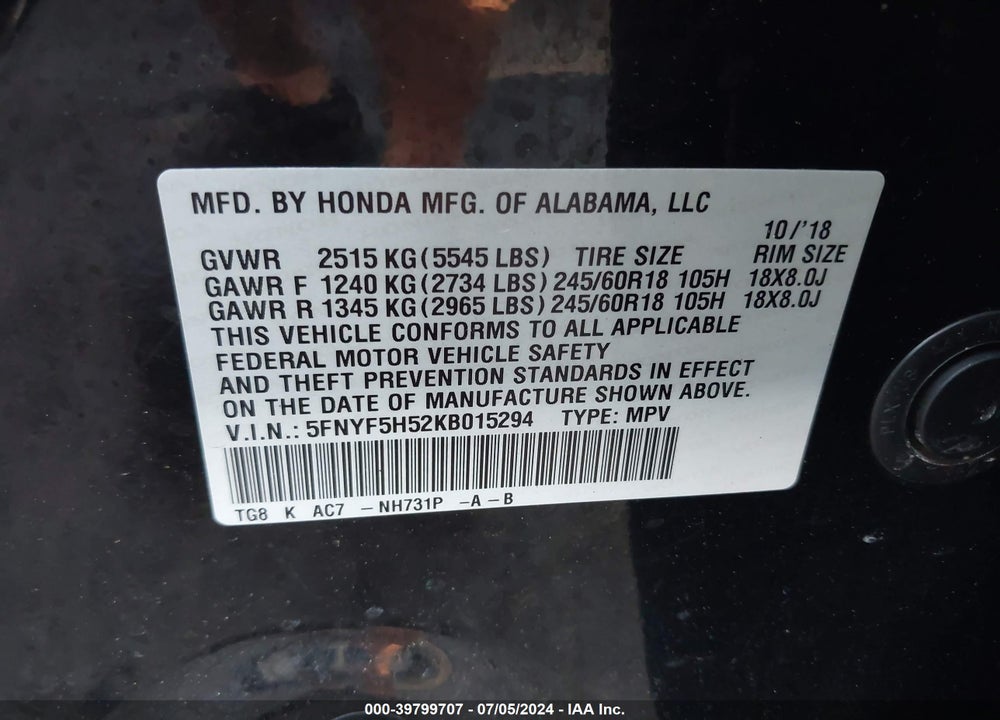 2019 HONDA PILOT EX-L VIN: 5FNYF5H52KB015294