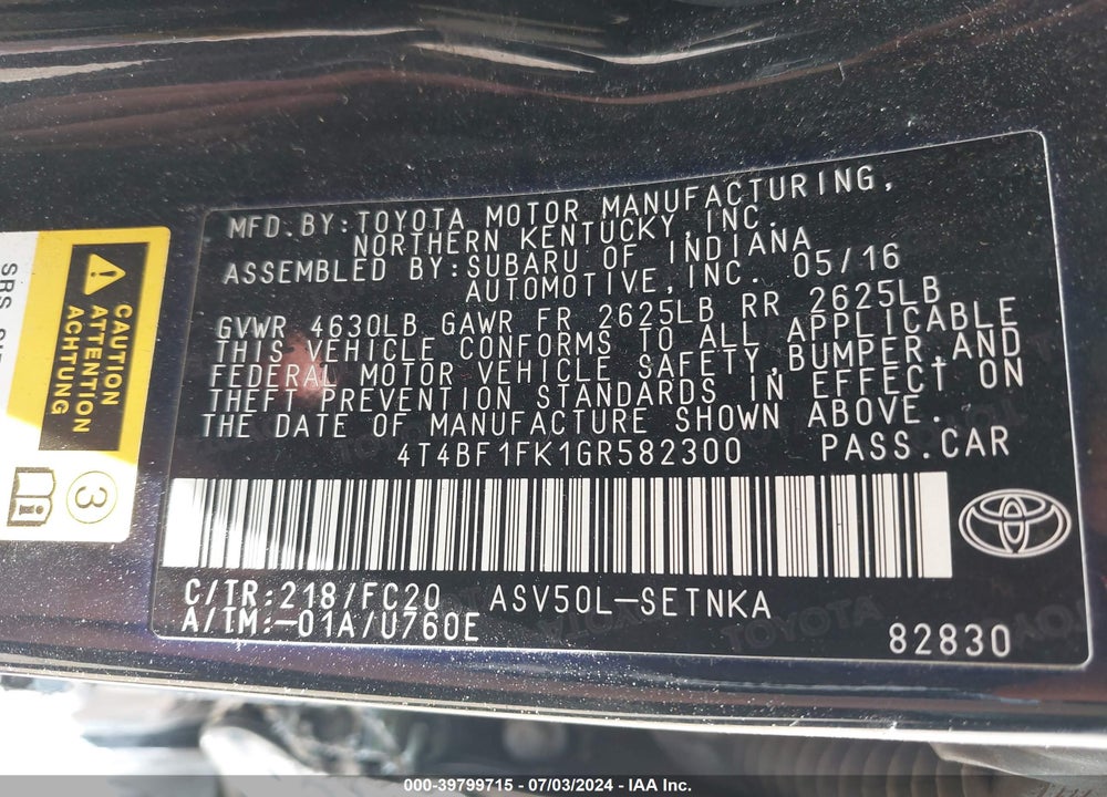 2016 TOYOTA CAMRY VIN: 4T4BF1FK1GR582300