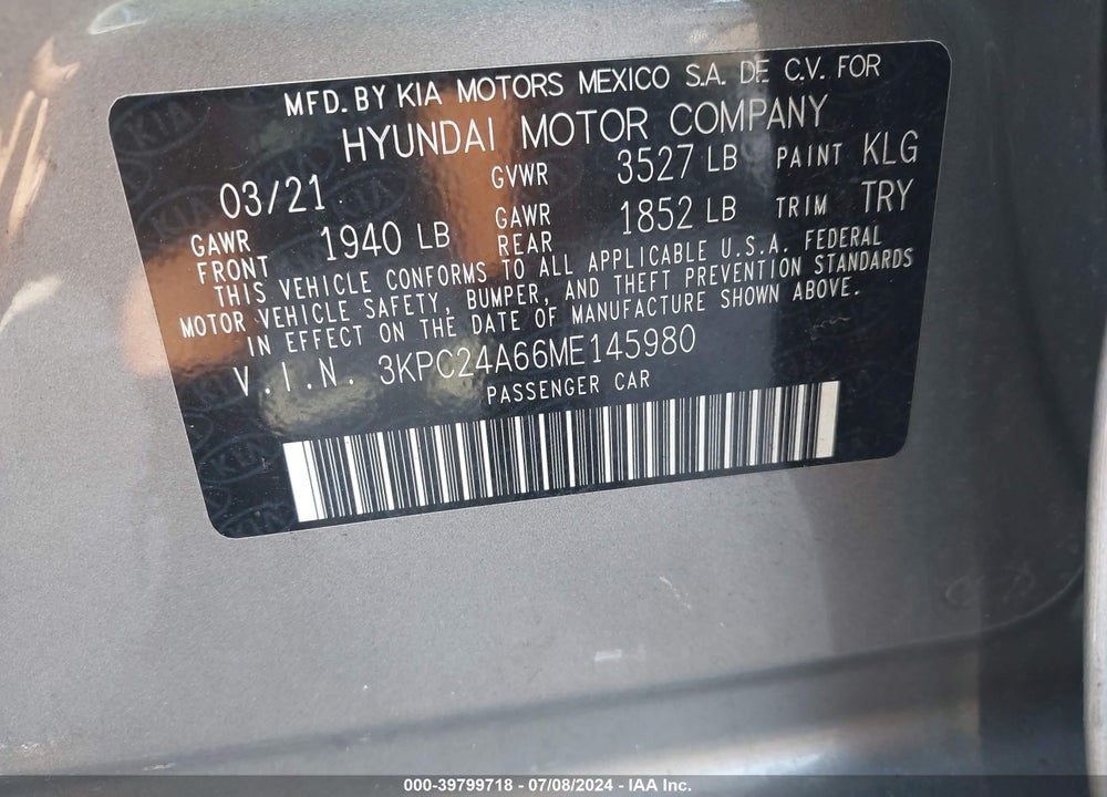 2021 HYUNDAI ACCENT SE VIN: 3KPC24A66ME145980