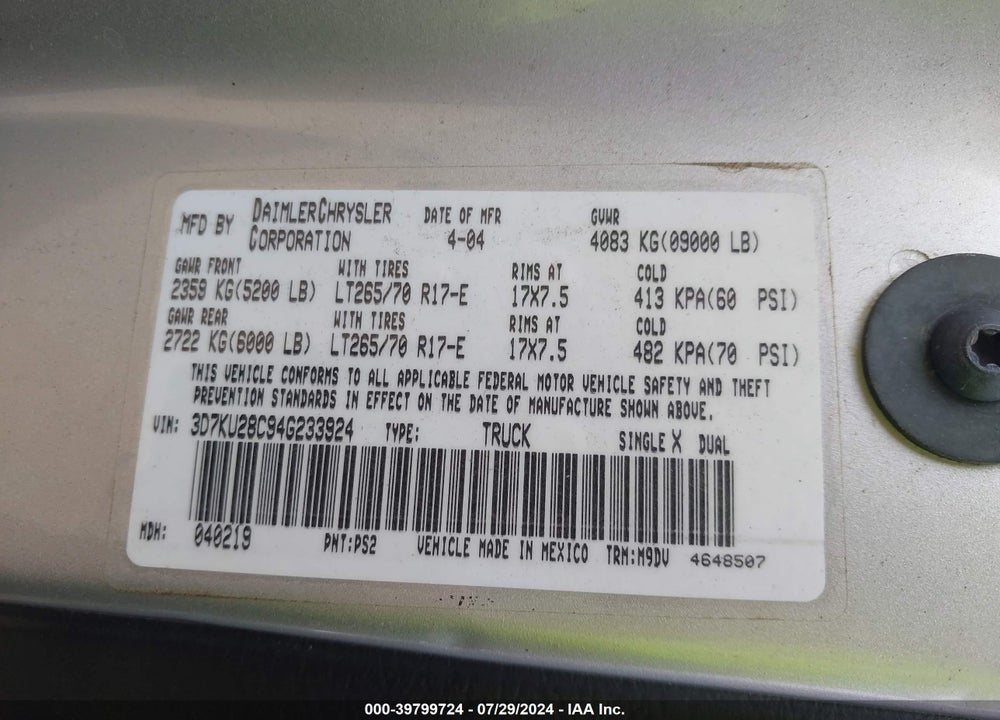 2004 DODGE RAM 2500 SLT/LARAMIE VIN: 3D7KU28C94G233924