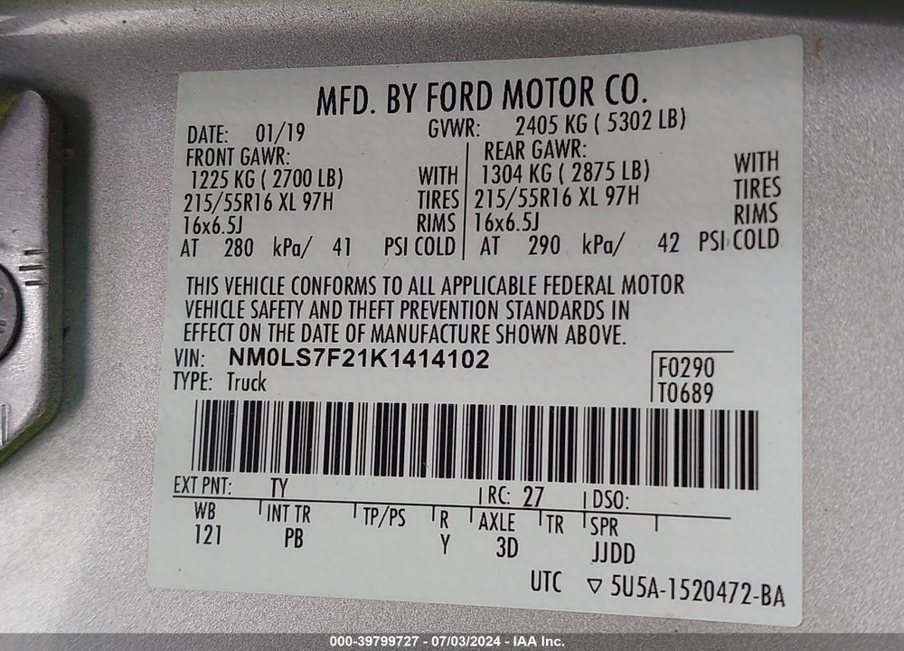 2019 FORD TRANSIT CONNECT VIN: NM0LS7F21K1414102