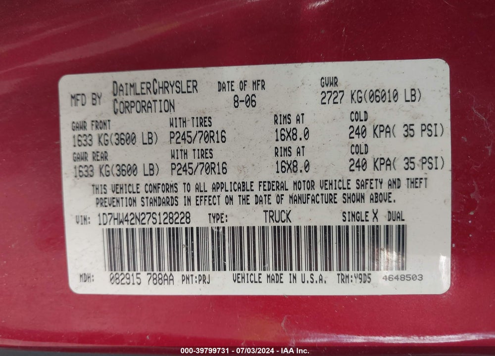 2007 DODGE DAKOTA SLT VIN: 1D7HW42N27S128228