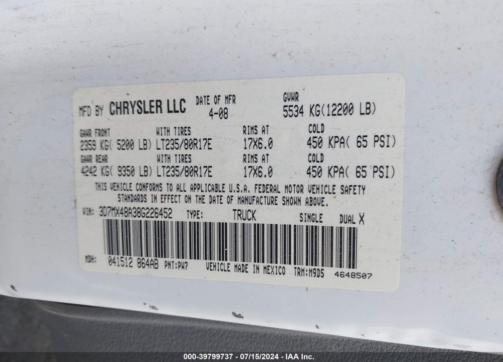 2008 DODGE RAM 3500 SLT VIN: 3D7MX48A38G226452