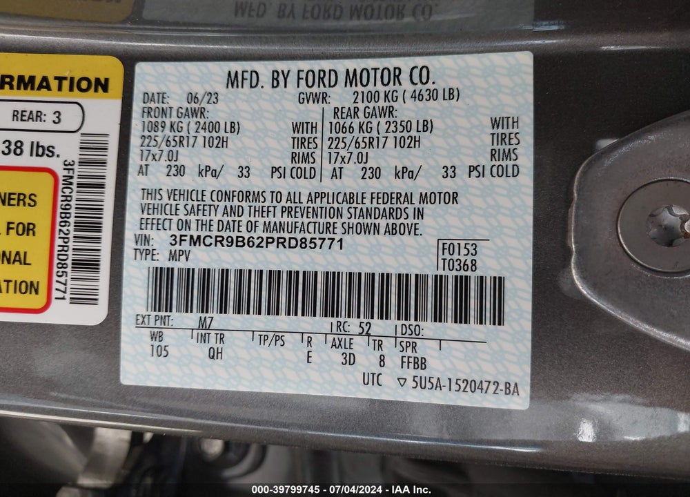 2023 FORD BRONCO SPORT BIG BEND VIN: 3FMCR9B62PRD85771