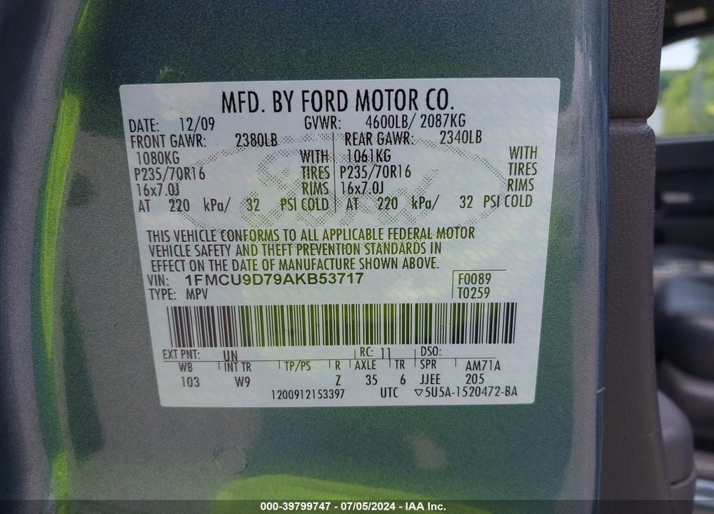 2010 FORD ESCAPE XLT VIN: 1FMCU9D79AKB53717