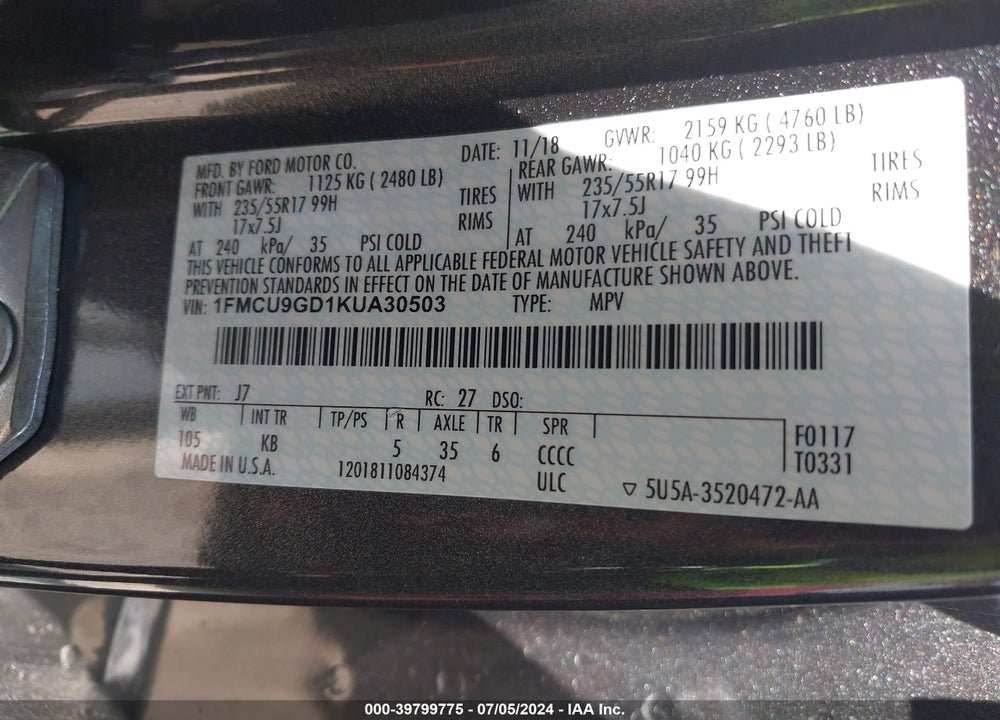 2019 FORD ESCAPE SE VIN: 1FMCU9GD1KUA30503