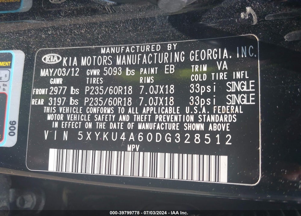 2013 KIA SORENTO EX VIN: 5XYKU4A60DG328512
