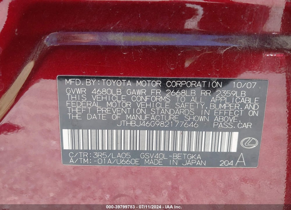2008 LEXUS ES 350 VIN: JTHBJ46G982177646