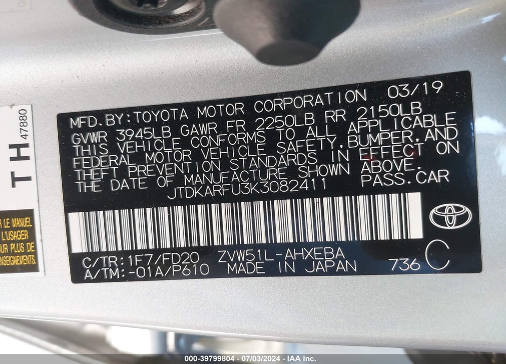 2019 TOYOTA PRIUS LE VIN: JTDKARFU3K3082411