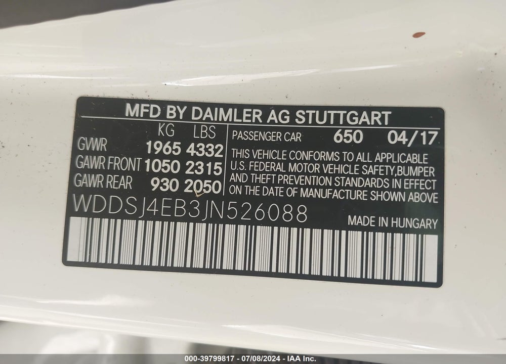 2018 MERCEDES-BENZ CLA 250 VIN: WDDSJ4EB3JN526088