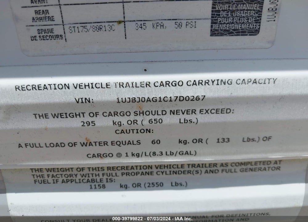 2012 JAYCO M-154 BH VIN: 1UJBJ0AG1C17D0267
