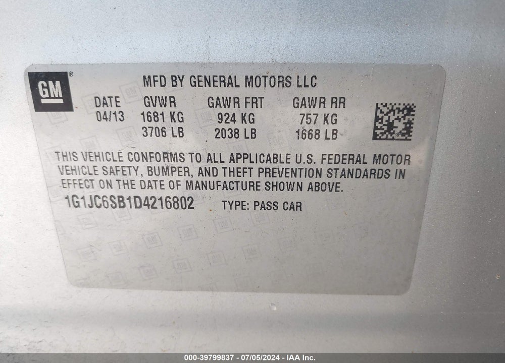 2013 CHEVROLET SONIC LT AUTO VIN: 1G1JC6SB1D4216802