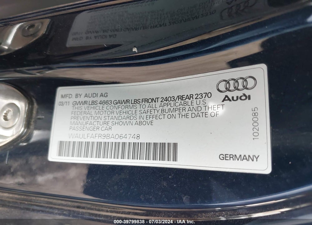 2011 AUDI A5 2.0T PREMIUM VIN: WAULFAFR9BA064748