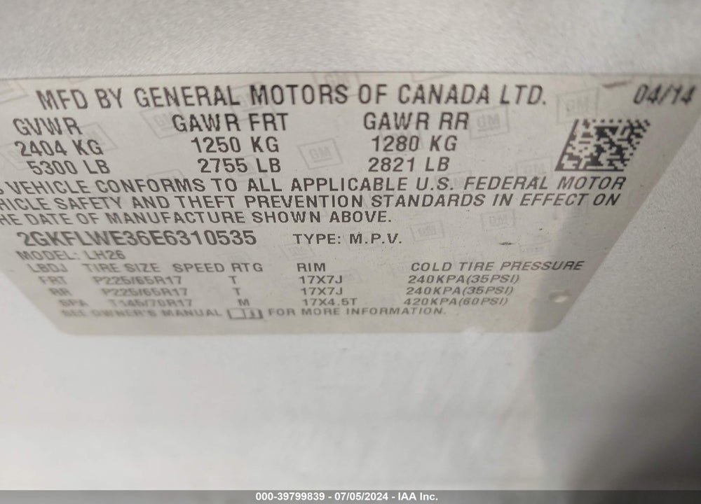 2014 GMC TERRAIN SLE-2 VIN: 2GKFLWE36E6310535